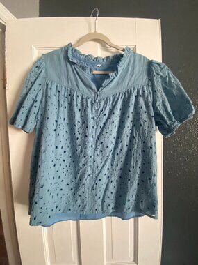 Blue Eyelet Embroidered Modern Boho Short Puff Sleeve Top Size XL